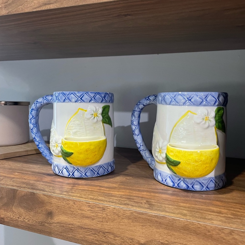 Lemon Design Ceramic Mugs - Blue and Yellow